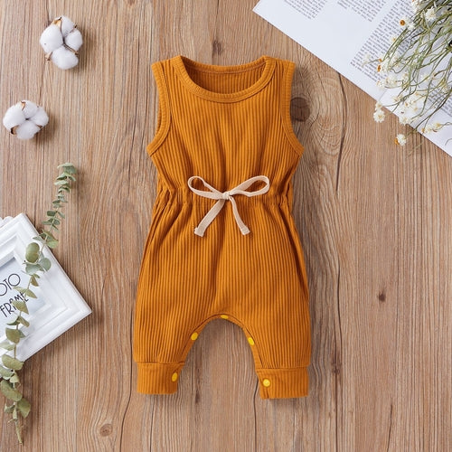 Baby Ribbed Knitted Graphic Belted Design Sleeveless Crotch Rompers