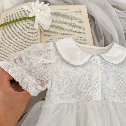 Baby Girl Solid Color Mesh Patched Design Summer Onesies Dress