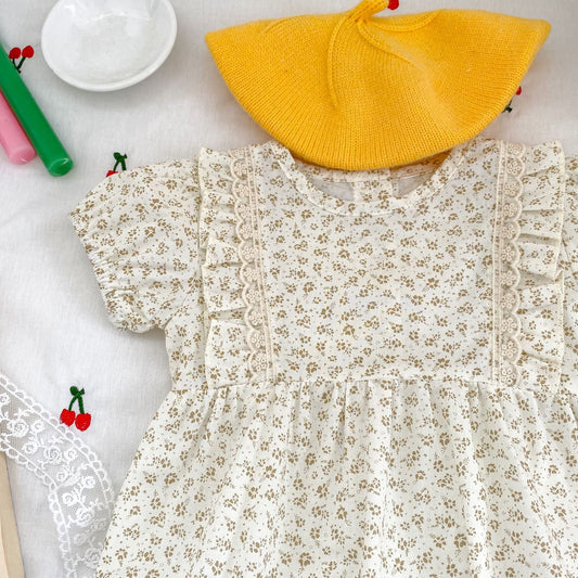 Baby Girl White Ditsy Flower Pattern Round Neck Onesies