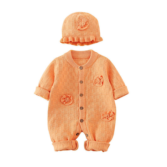 Baby Solid Color Flower Patched Design Thermal Romper