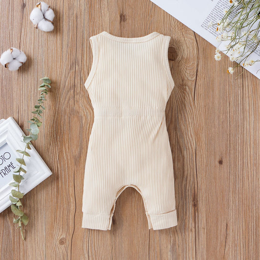 Baby Ribbed Knitted Graphic Belted Design Sleeveless Crotch Rompers