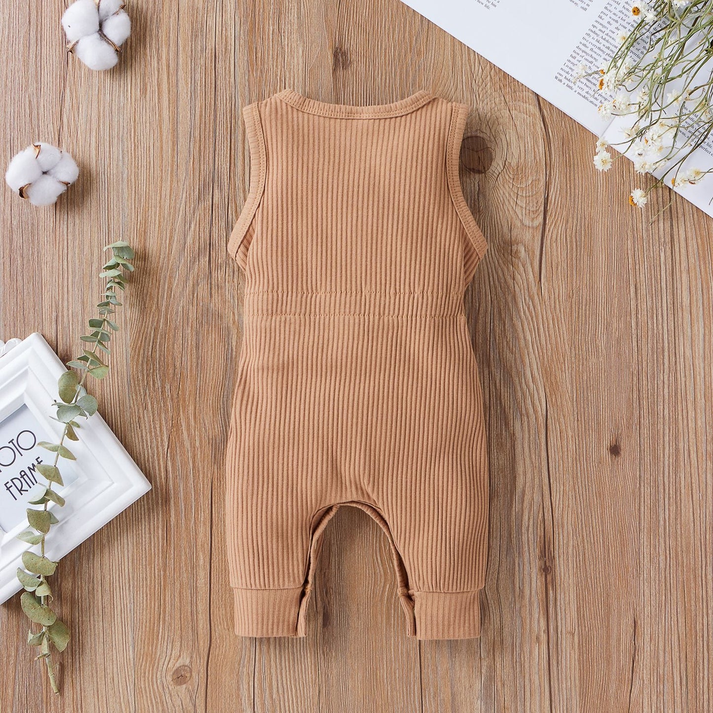 Baby Ribbed Knitted Graphic Belted Design Sleeveless Crotch Rompers