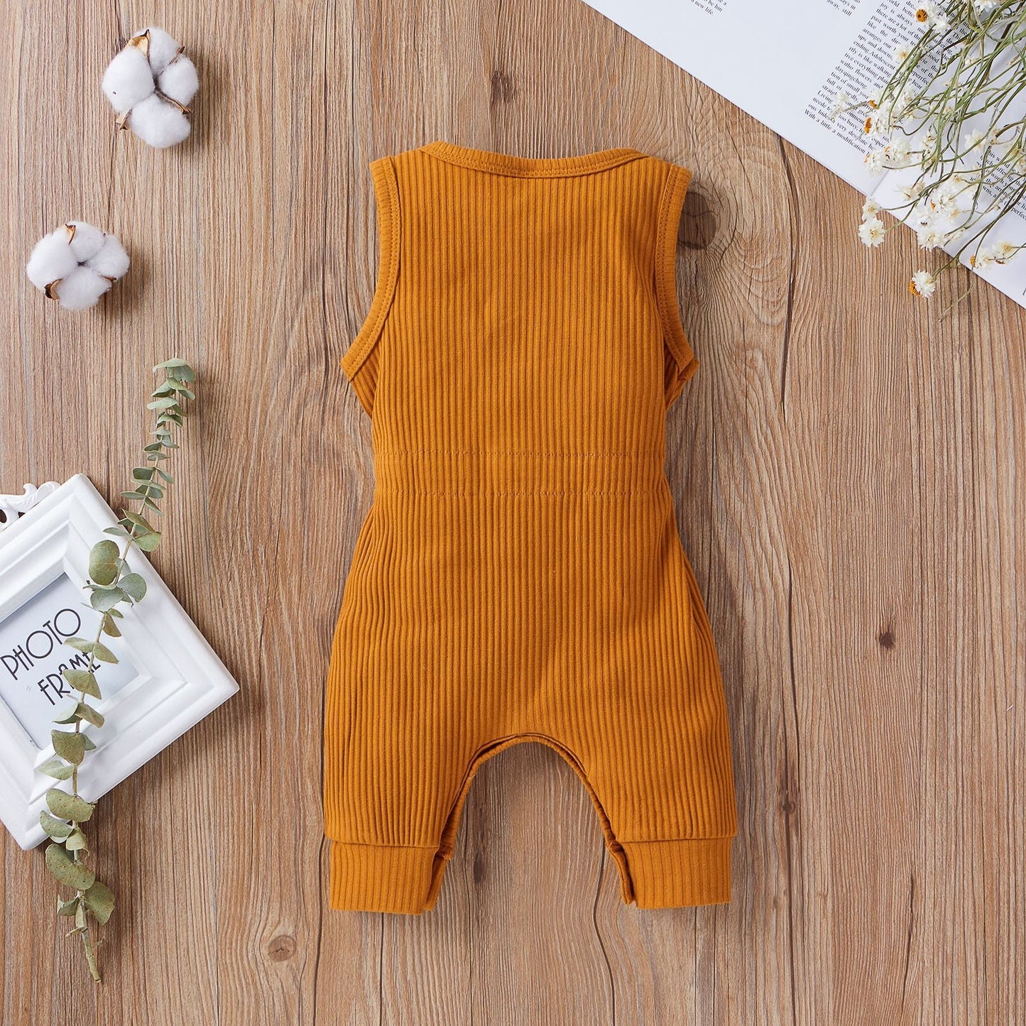 Baby Ribbed Knitted Graphic Belted Design Sleeveless Crotch Rompers
