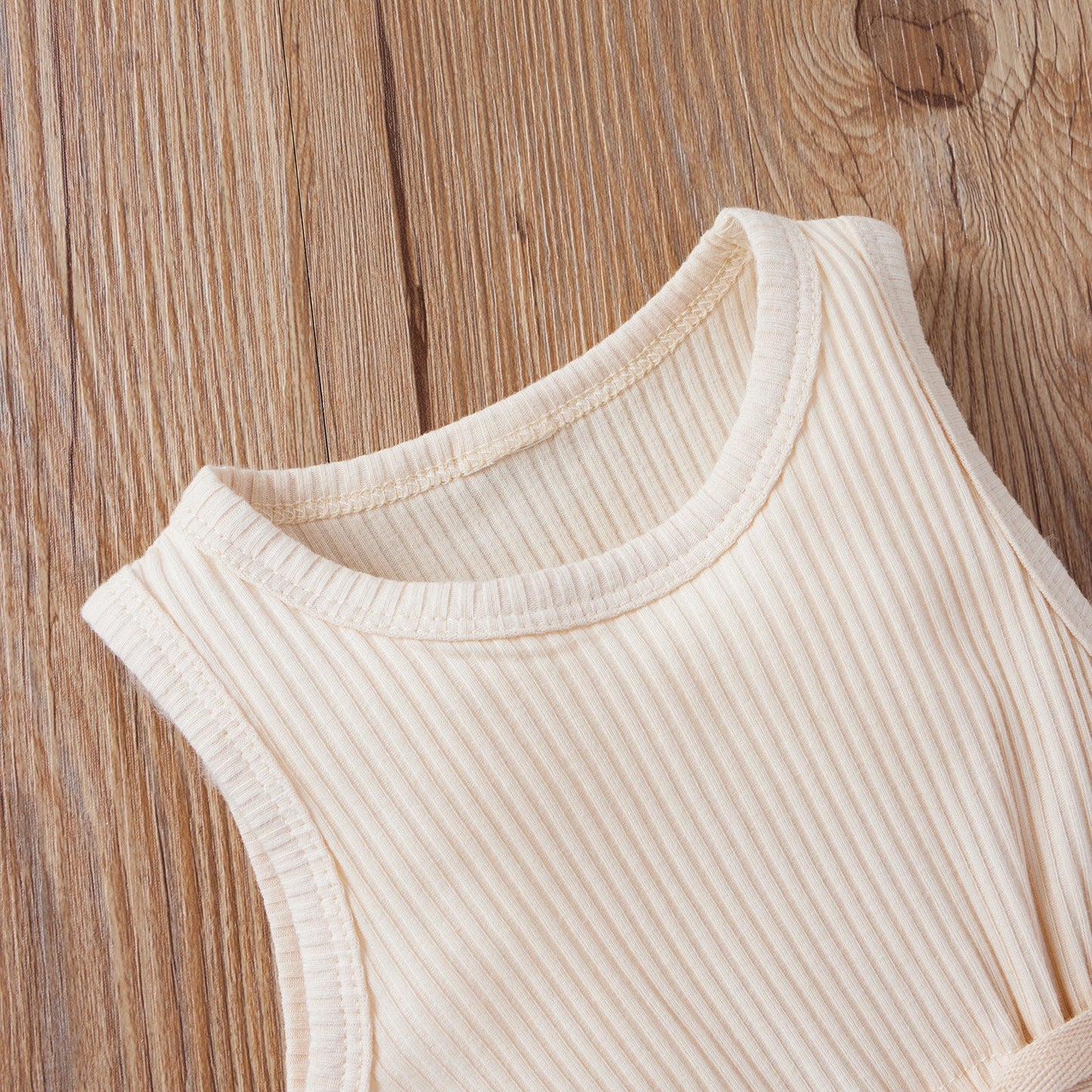 Baby Ribbed Knitted Graphic Belted Design Sleeveless Crotch Rompers