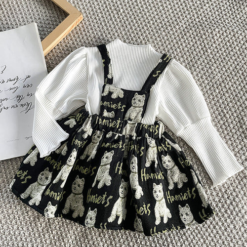 Baby Girls Solid Top Combo Cartoon Pattern Overalls Dress In Sets