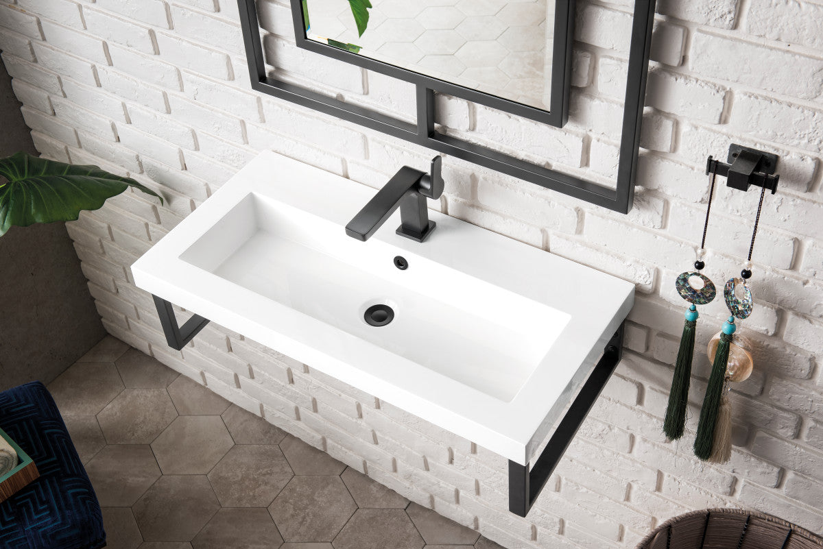 Two Boston 15.25" Wall Brackets, Matte Black w/ 31.5" White Glossy Composite Stone Top