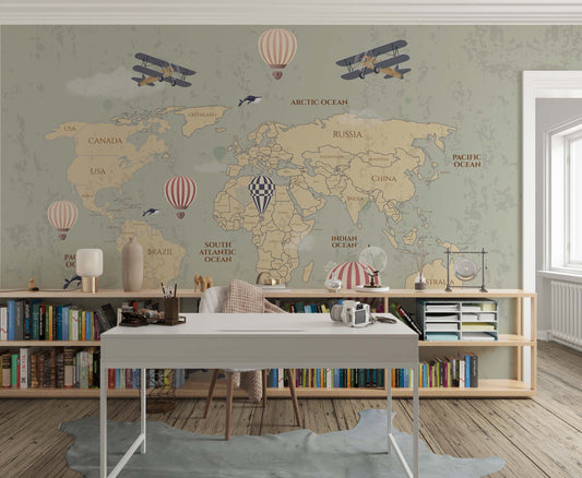 Beige world explorer map mural | Kitchen + Metal