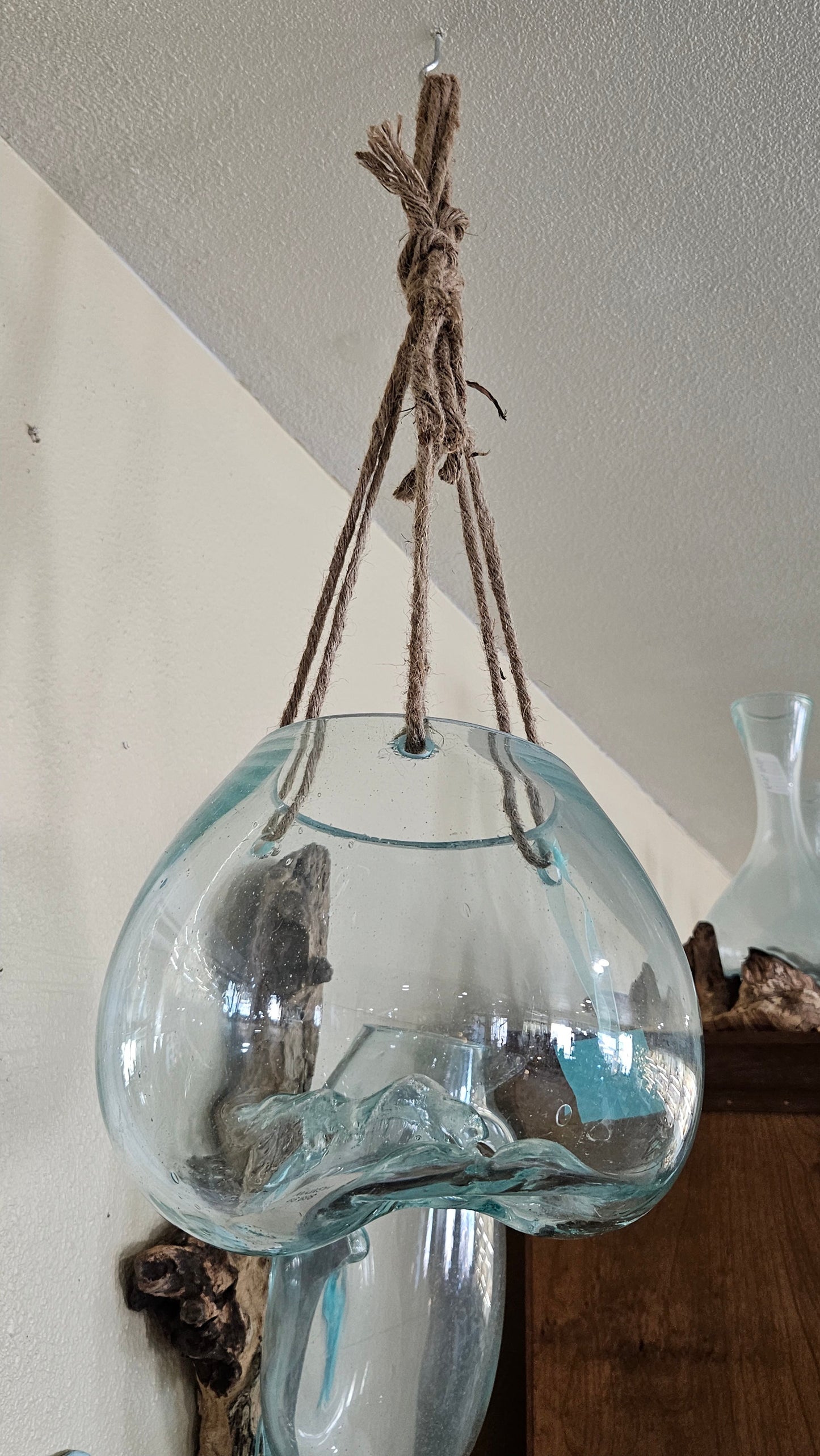Hanging Freeform Glass Molten Terrarium with Rope
