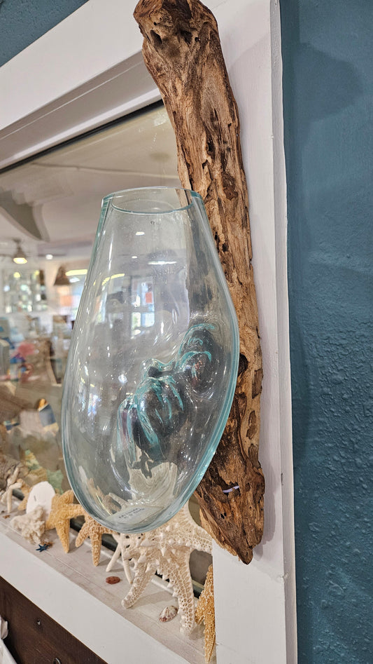 Wall Hanging Teak Wood and Molten Glass Terrarium