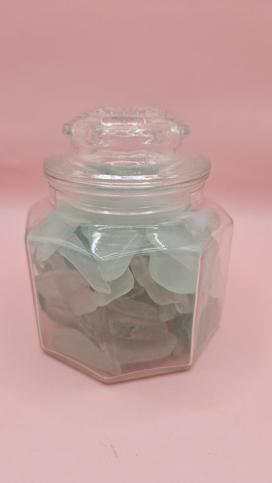 Hexagonal Glass Jar Filled with Aqua Seaglass – Coastal Home Decor Accent (4.1x3.8)