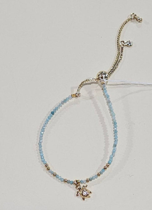 Natural Gemstone Bracelet with Turtle Charm – Adjustable Fit