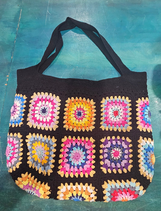 Handmade Crochet Granny Square Tote Bag – Boho Vintage Purse in 4 Colors