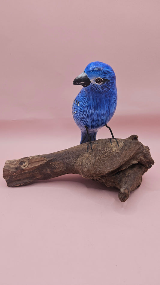 Handmade Blue Songbird on Driftwood Perch – 6.7x4.5 Folk Art Bird Sculpture