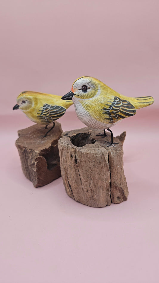 Handcrafted Yellow Songbird on Wood Stump – Folk Art Bird Decor