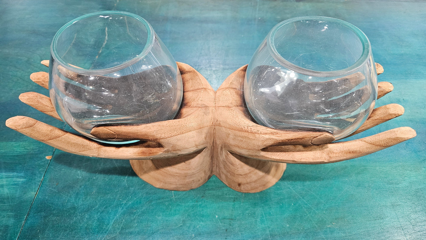 Carved Wooden Hand and Molten Glass Terrarium