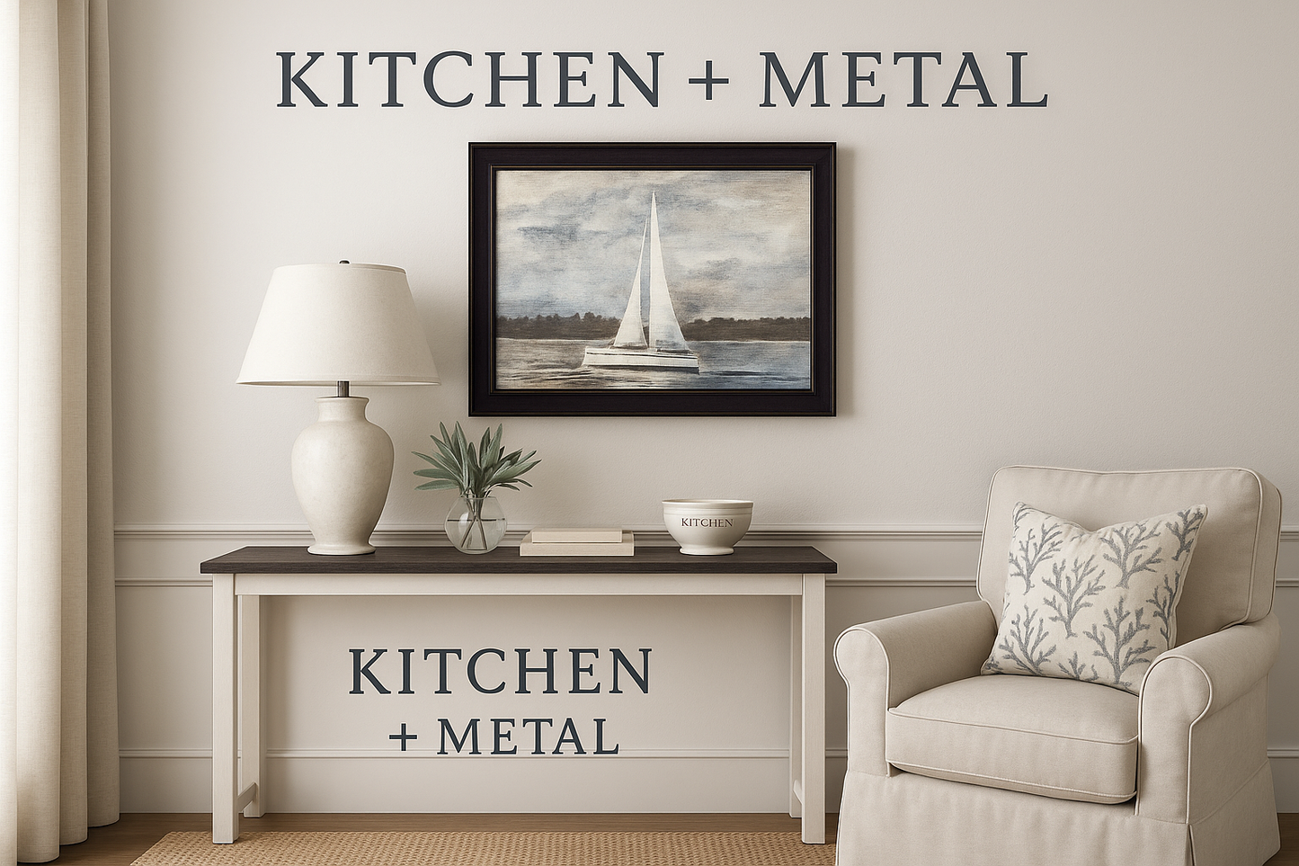 Sailboat Artwork with Kitchen + Metal Typography