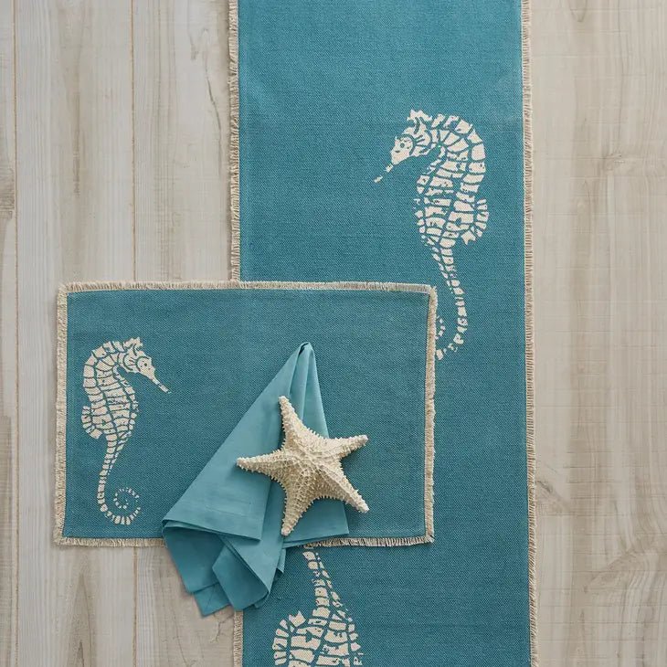 Seahorse Print Table Runner- Aqua, Seaside Home Decor