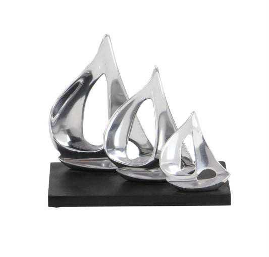Silver Aluminum Metal Sailboat Decorative Sculpture with Black Base