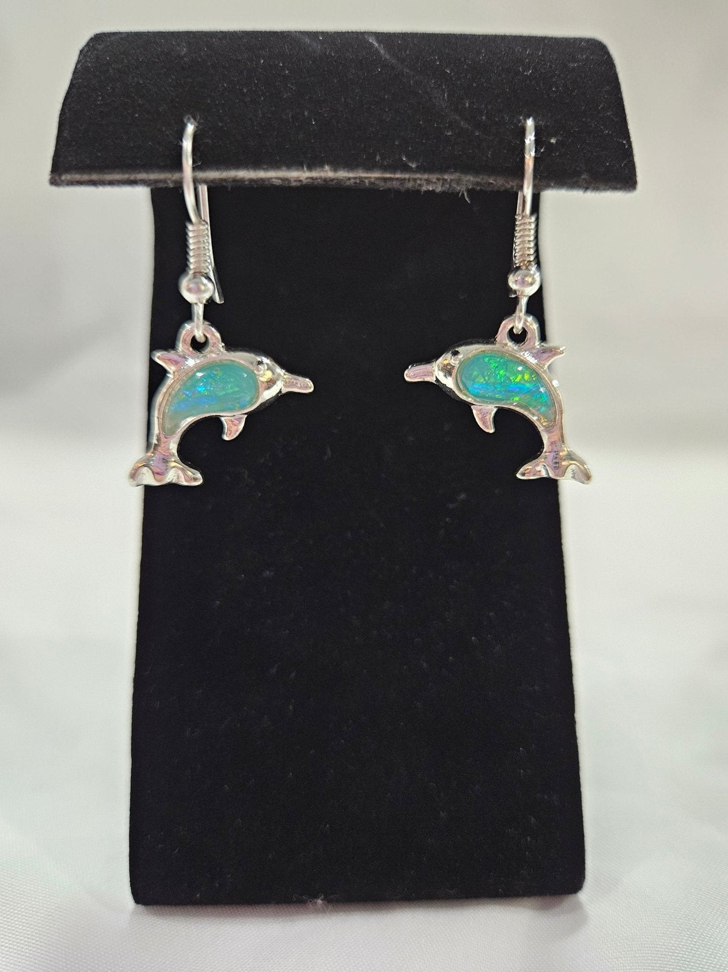 Silver With Green Stone Dolphin Earrings