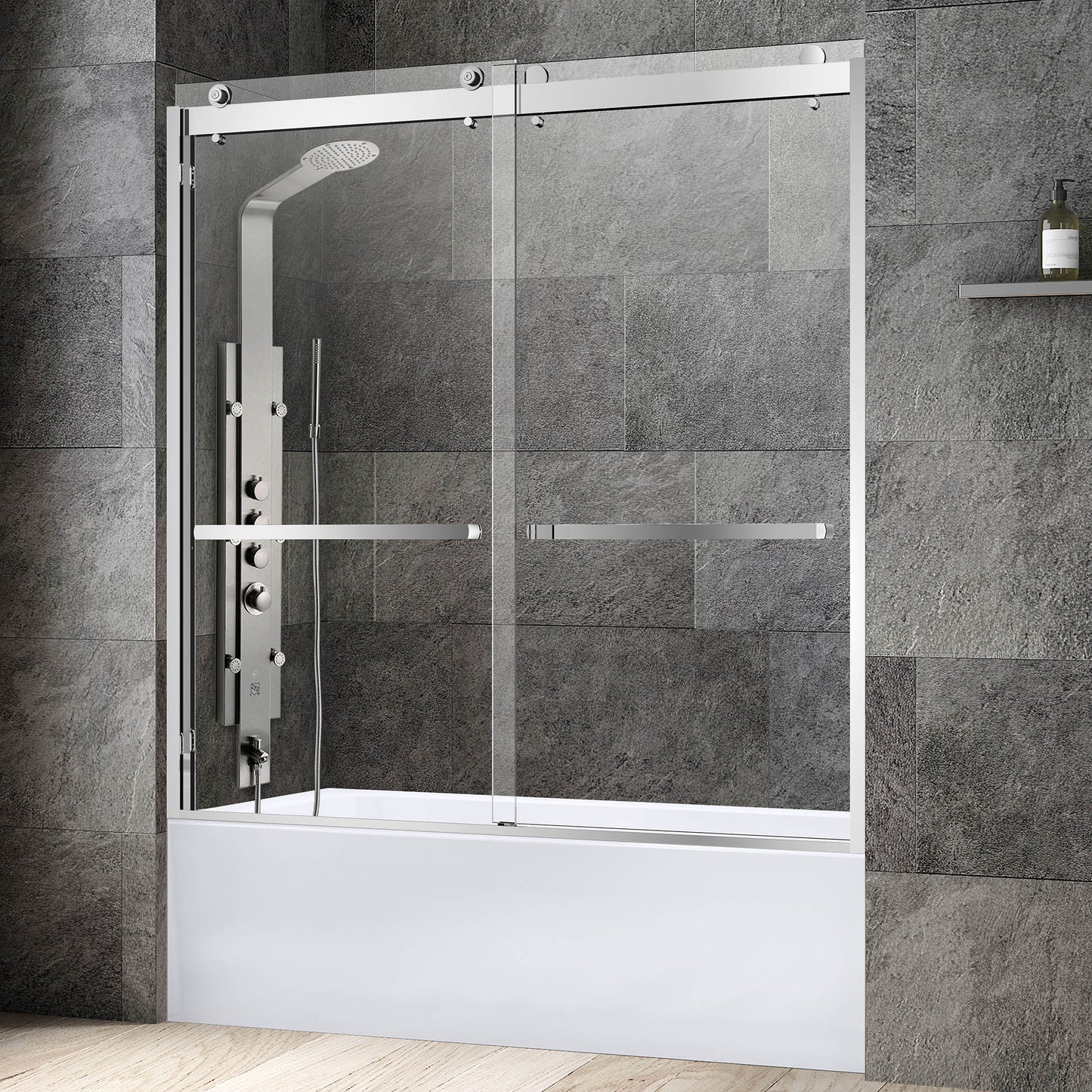 WOODBRIDGE Frameless Bathtub Shower Doors 56-60" Width x 62"Height with 3/8"(10mm) Clear Tempered Glass, 2 Ways Opening & Double Sliding
