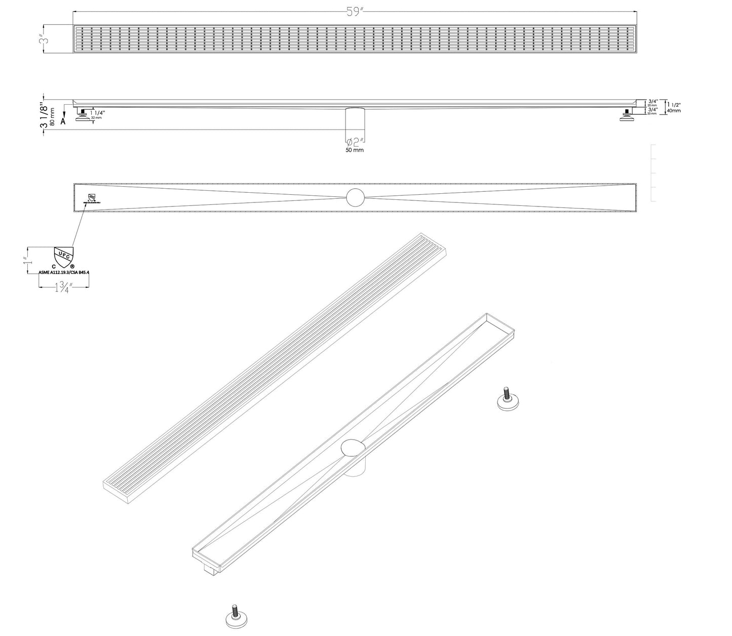 ALFI brand ABLD59D ABLD59D 59" Stainless Steel Linear Shower Drain with Groove Lines