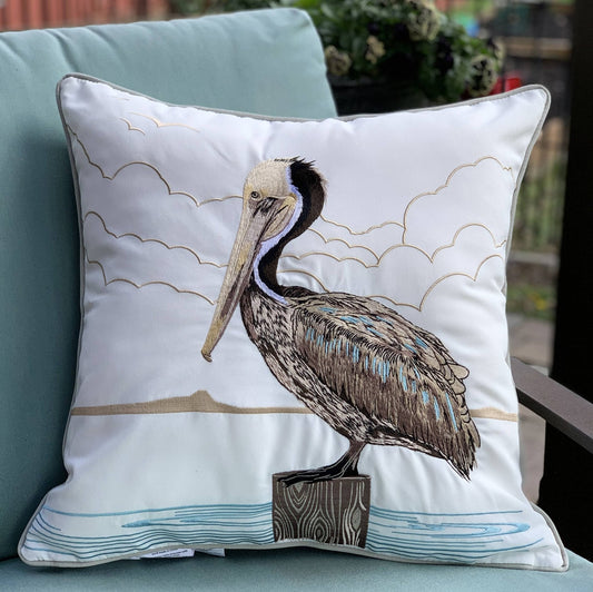 Sunbathing Brown Pelican Indoor/Outdoor Throw Pillow