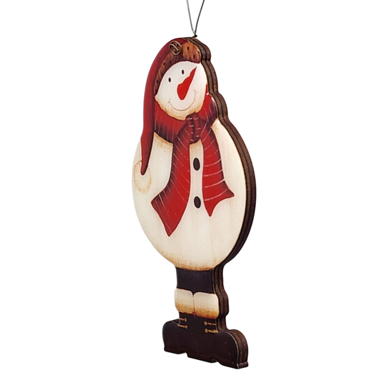 Glossy Wooden Snowman Ornament - 5 Inches