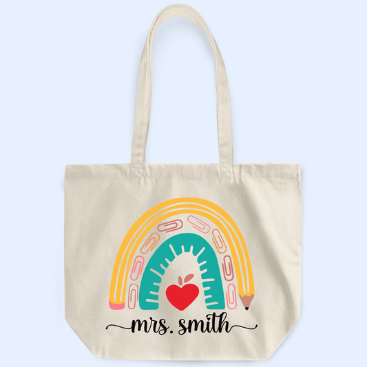 Teacher Appreciation Boho Pencil Rainbow - Personalized Custom Tote Bag - Birthday, Loving, Funny Gift for Teacher, Kindergarten, Preschool, Pre K, Paraprofessional, Educator