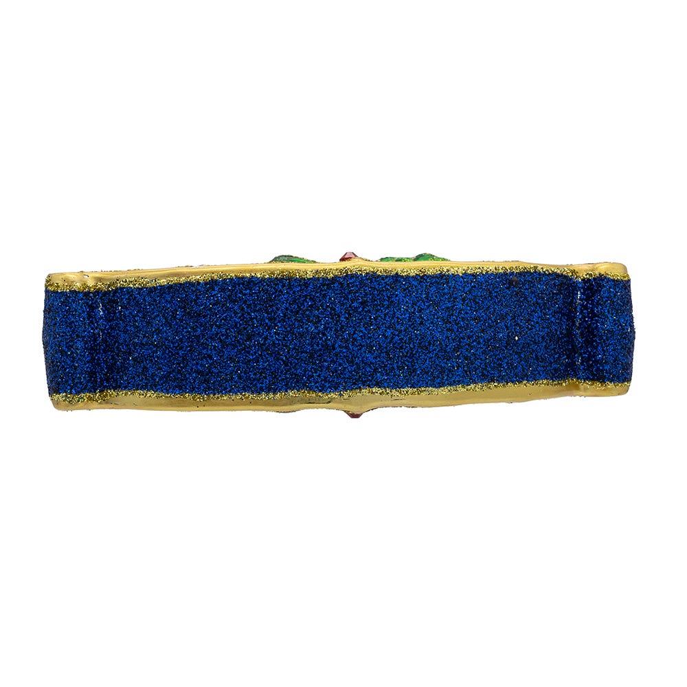 Blue glittery bar with gold and green accents on a white background