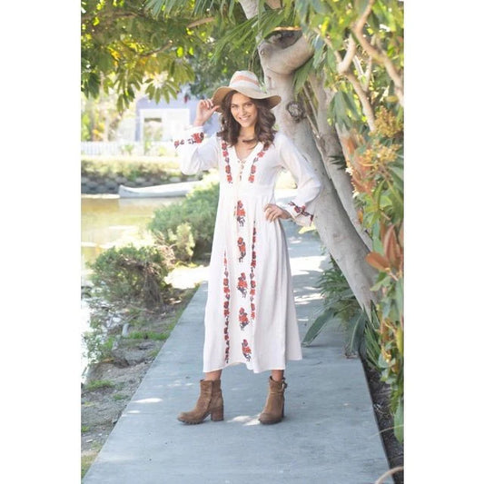 Thea Embroidered Maxi Dress - Natural/Brown