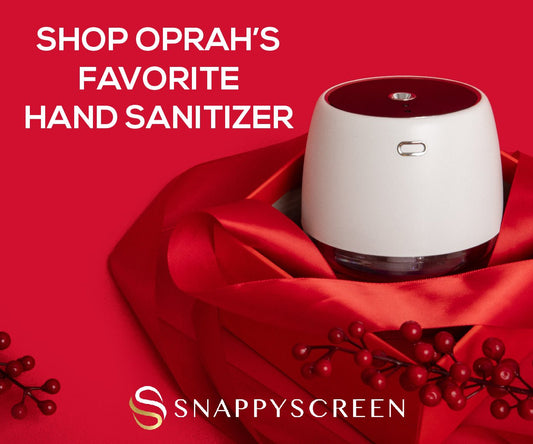 Hand sanitizer bottle on red fabric with 'Oprah's Favorite Hand Sanitizer' text and Snappyscreen logo.