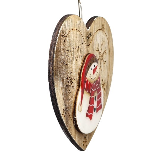Snowy Smiles Heart Wooden Ornament