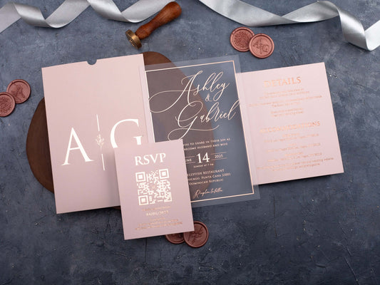 Rose Gold Foil Acrylic Wedding Invitation with Blush Pink Envelope