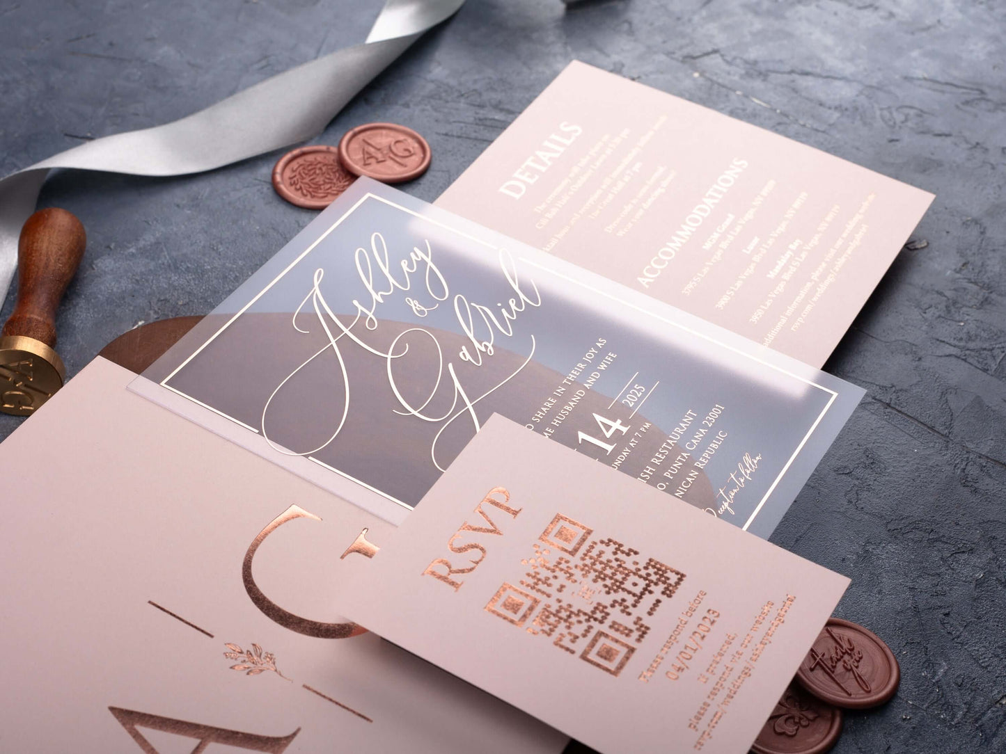 Rose Gold Foil Acrylic Wedding Invitation with Blush Pink Envelope