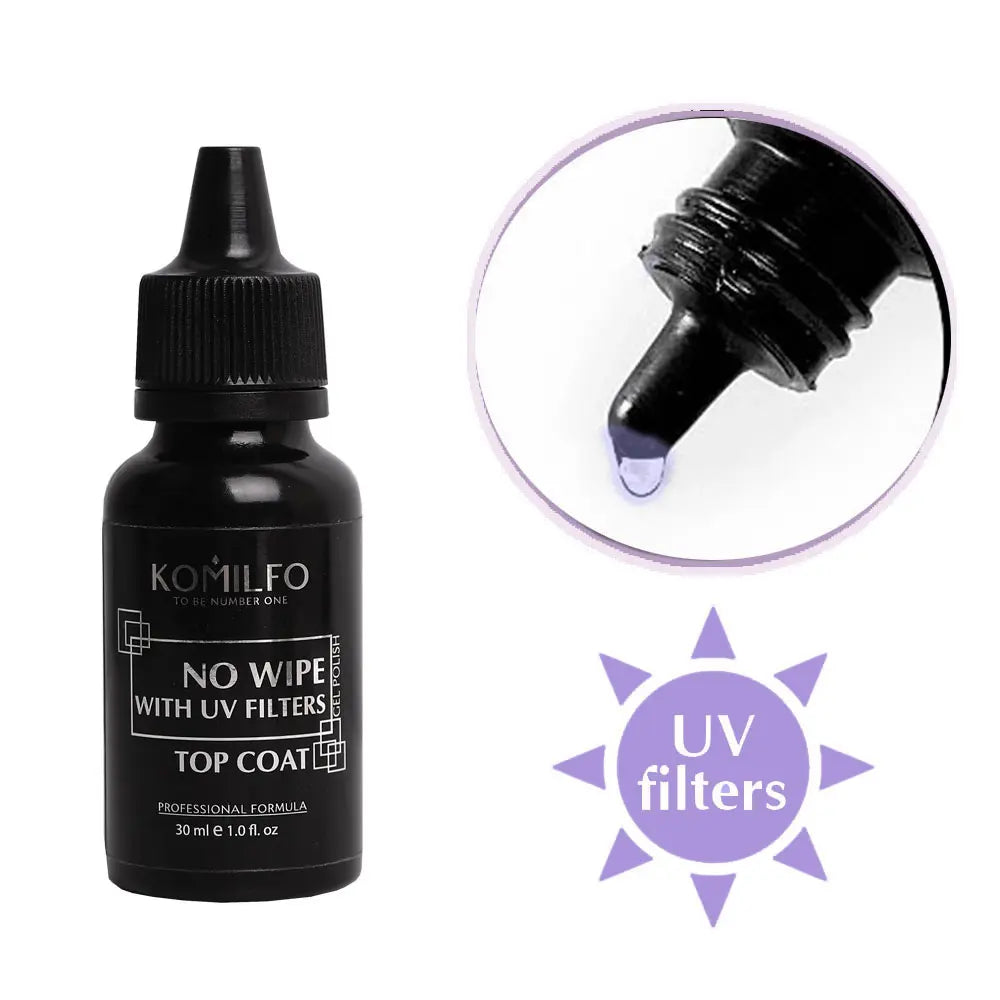 KOMILFO NO WIPE UV TOP – TOP FOR GEL POLISH WITHOUT A STICKY LAYER WITH UV FILTERS, 30 ML 153001