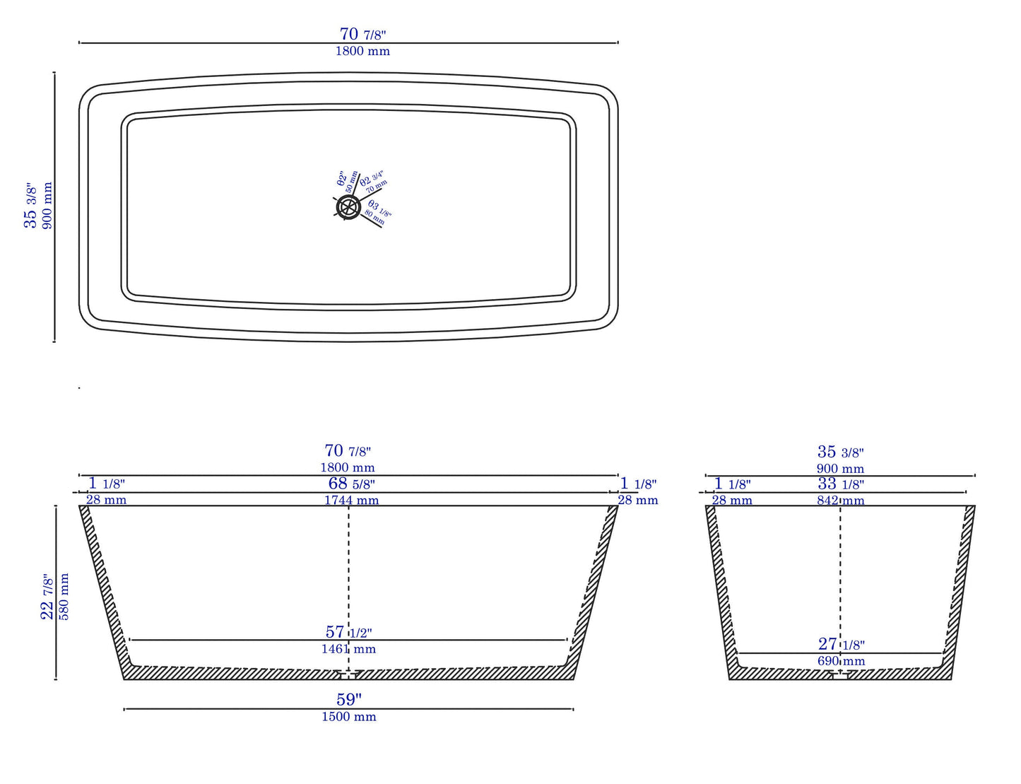 ALFI brand ABCO71TUB 71" Solid Concrete Rectangular Freestanding Bathtub