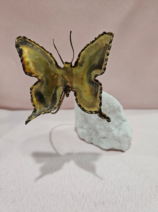 Vintage Brutalist Brass Butterfly Art On Mineral Stone