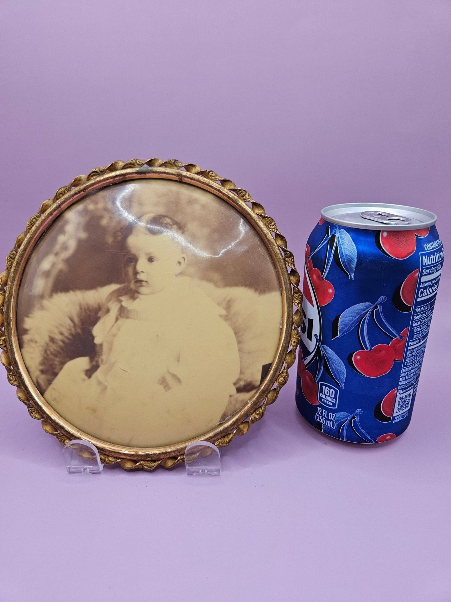 Vintage Celluloid Photo Button Young Child Gold Ornate Frame