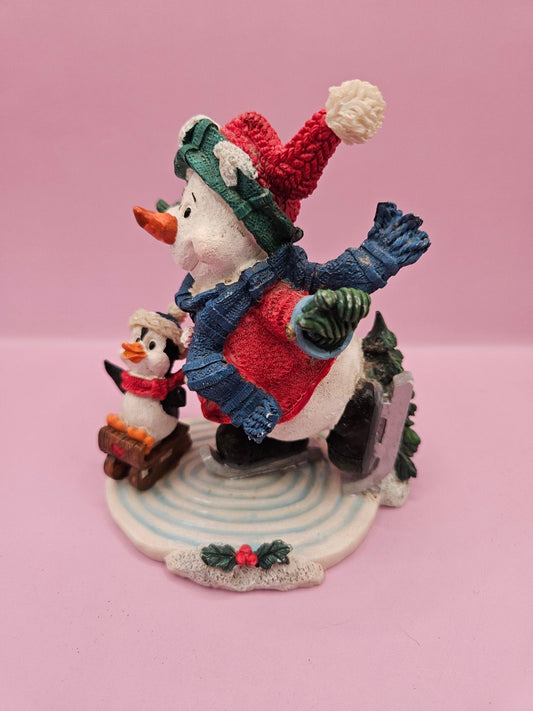 Vintage Ice Skating Snowman and Penguin Figurine (4.5" x 4")