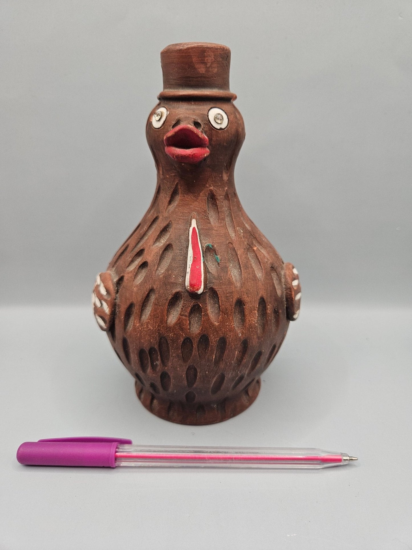 Vintage Mexican Terracotta Hand Painted Turkey Bird Piggy Bank with Top Hat -6.5"x4"