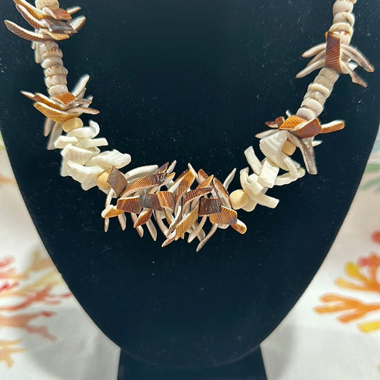Vintage White and Brown Carved Shell Necklace - Unique Handmade Coastal Jewelry