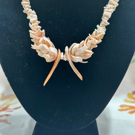 Vintage White and Peach Carved Shell Necklace - Handmade Coastal Jewelry