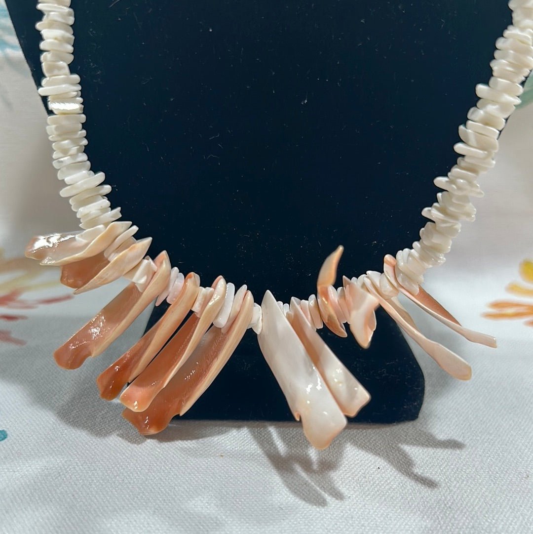 Vintage White and Pink Carved Shell Necklace - Handmade Coastal Jewelry