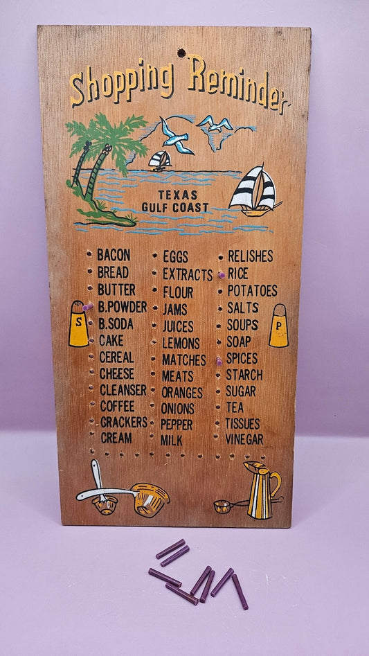 Vintage Wooden "Shopping Reminder" List - Texas Gulf Coast Theme - 12"x6