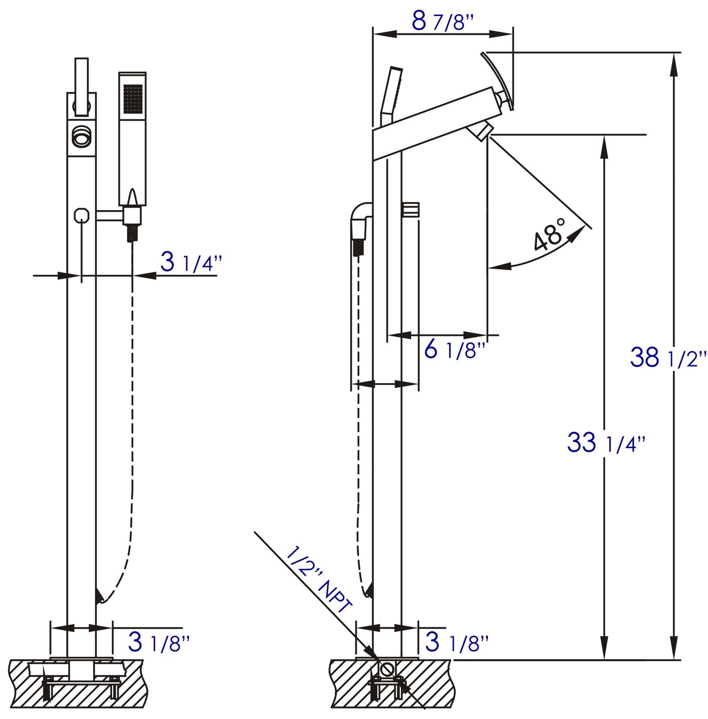 ALFI brand AB2728 Floor Mounted Tub Filler + Mixer /w additional Hand Held Shower Head