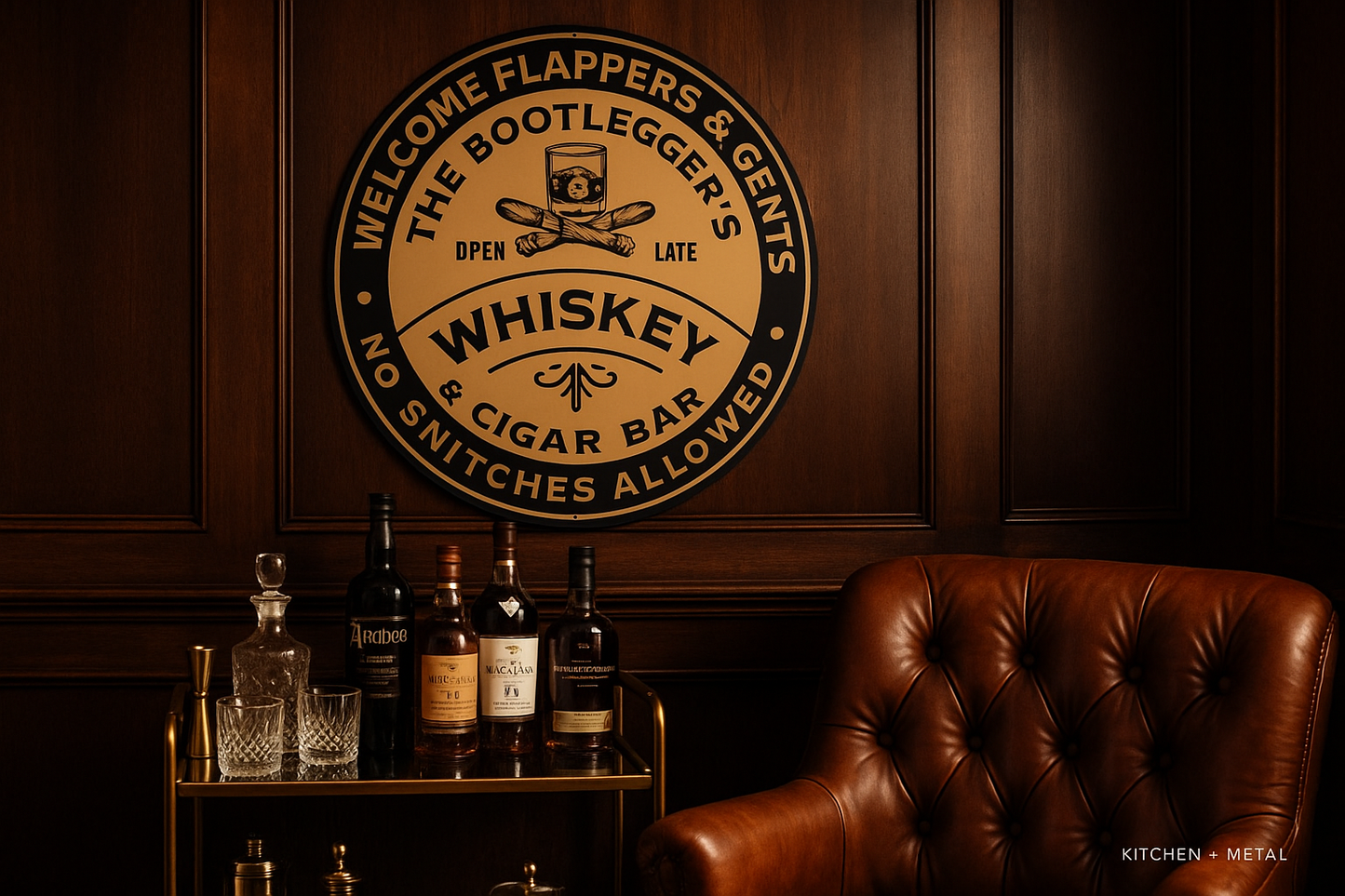 Whiskey & Cigar Bar Sign in Sophisticated Home Bar Setting