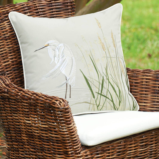 White Egret Left Indoor/Outdoor Throw Pillow
