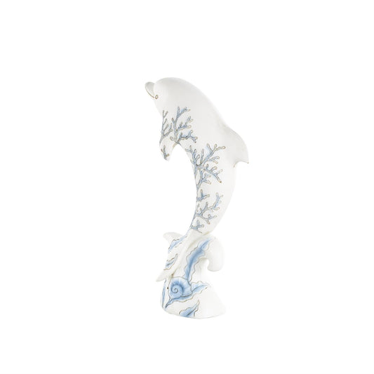 White Polystone Dolphin Curved Decorative Sculpture with Blue Coral Patterns