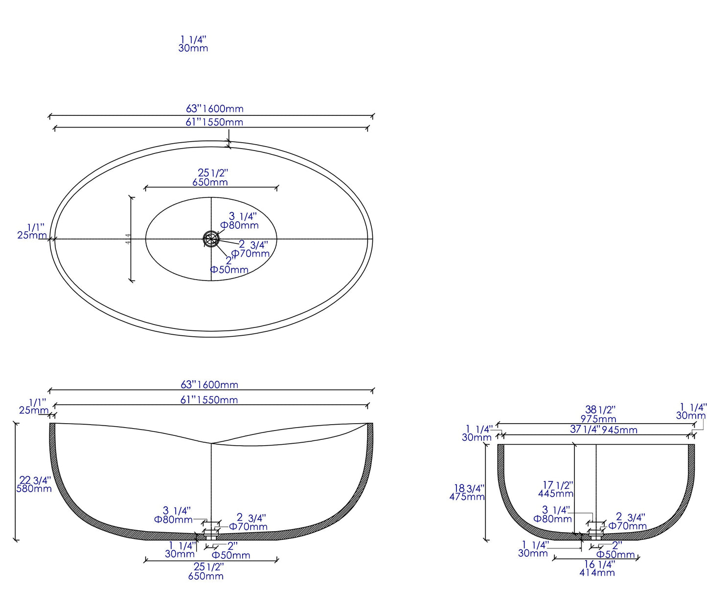 ALFI brand ABCO63TUB 63" Solid Concrete Gray Matte Oval Bathtub
