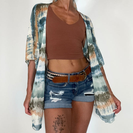Sheer Tie Dye Mesh Kimono Cover Up